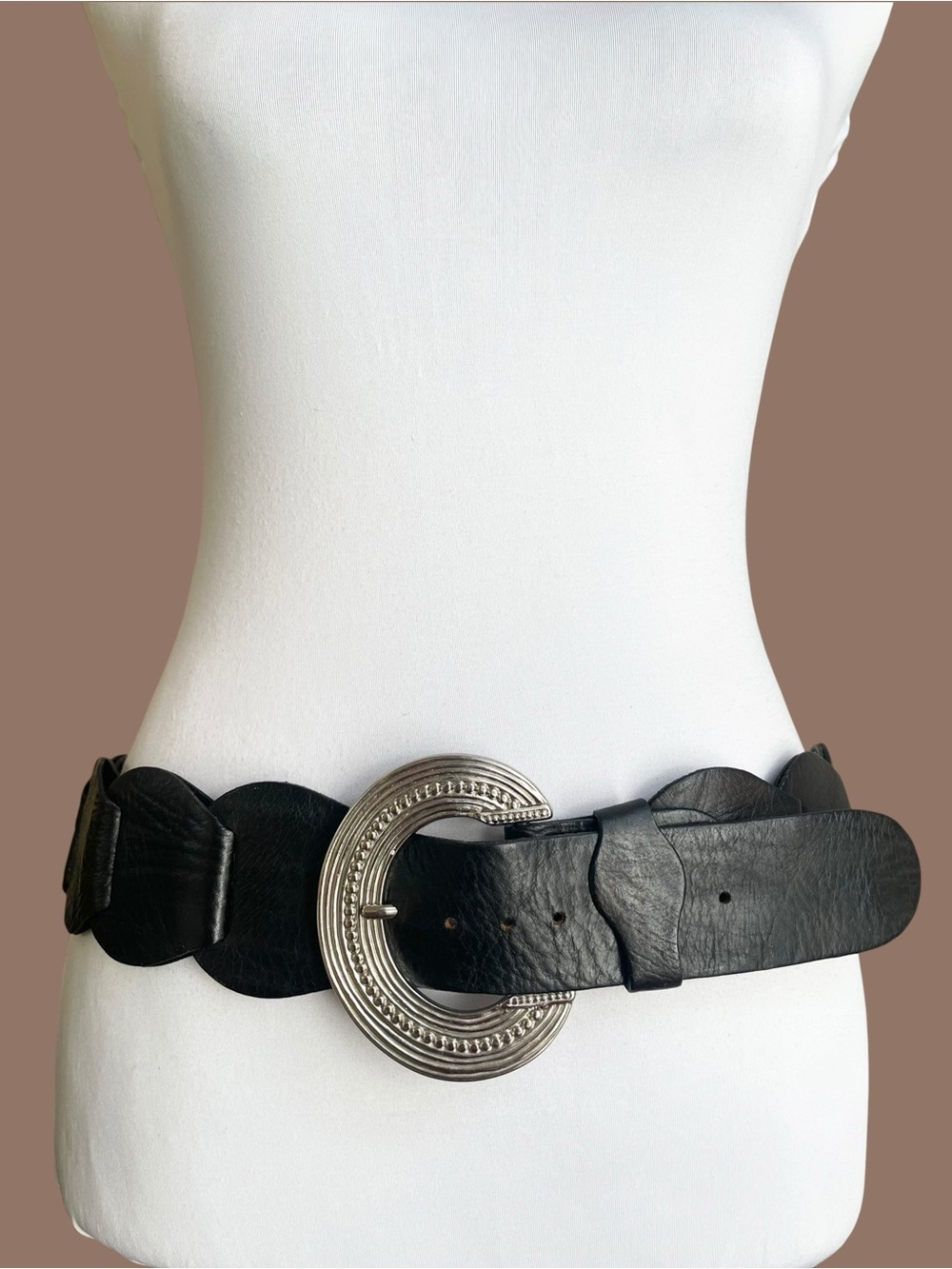 Black Wide Waist Leather Belt Oversized Silver Buckle Western Statement Size L